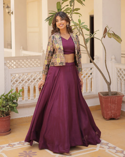 Wine Chinnon Silk Lehenga Choli With Multicolor Jacquard Jacket