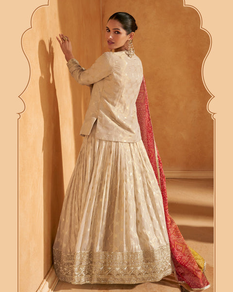 Cream Viscose Jacquard Silk Women Readymade Lehenga With Long Choli & Bandej Dupatta