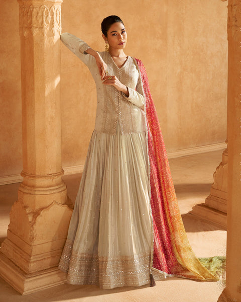 Cream Viscose Jacquard Silk Women Readymade Lehenga With Long Choli & Bandej Dupatta