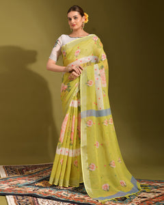 Yellow & Off White Printed Linen Saree With Off White Printed Blouse