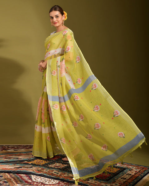 Yellow & Off White Printed Linen Saree With Off White Printed Blouse