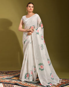 White Floral Print Linen Saree With White Printed Blouse