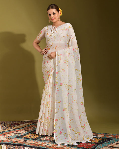 White Floral Print Linen Saree With White Printed Blouse