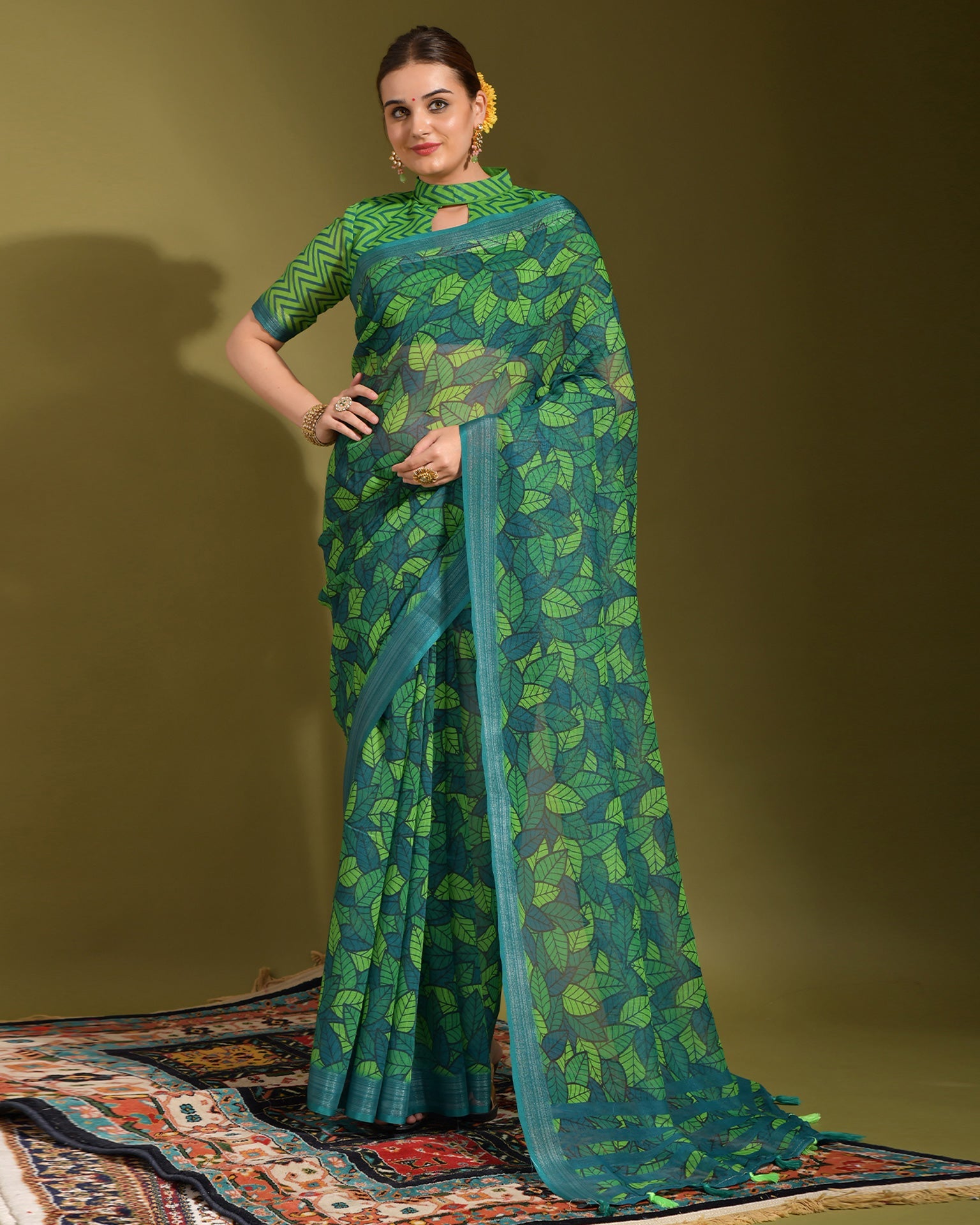 Green & Blue Printed Linen Saree With Green Printed Blouse