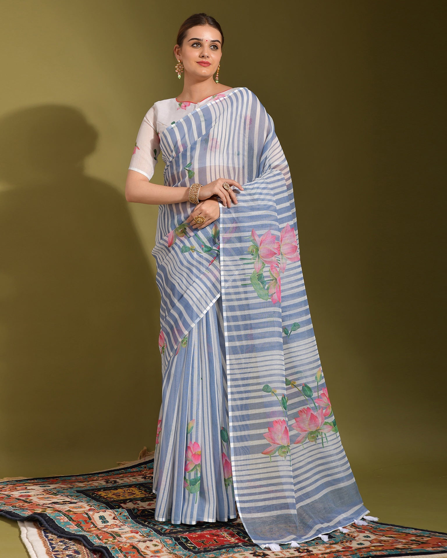 Blue & White Printed Linen Saree With White Printed Blouse