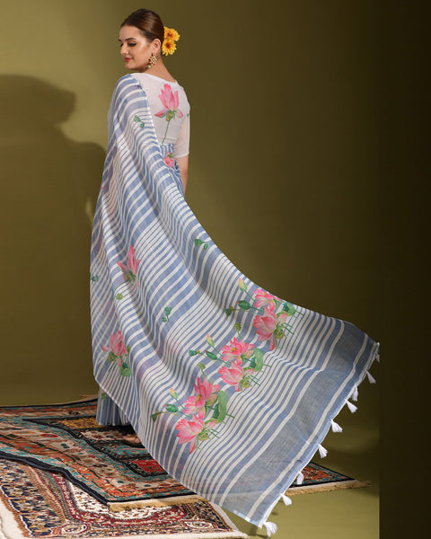 Blue & White Printed Linen Saree With White Printed Blouse