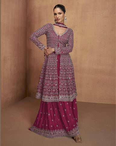 Pink Readymade A-Line Palazzo Suit For Woman In Chinnon Silk