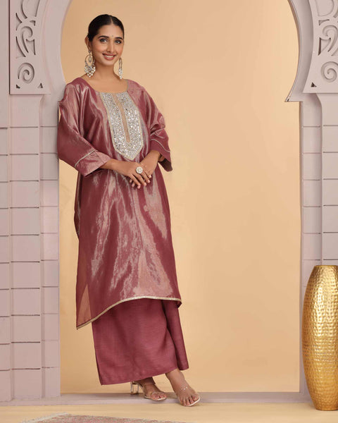 Magenta Organza Shimmer Silk Readymade Salwar Suit For Woman With Palazzo