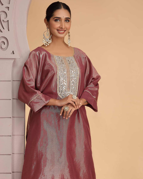 Magenta Organza Shimmer Silk Readymade Salwar Suit For Woman With Palazzo