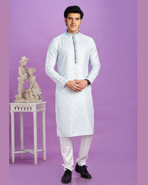 Blue Cotton Digital Print Readymade Man Kurta Set With Off White Churidar