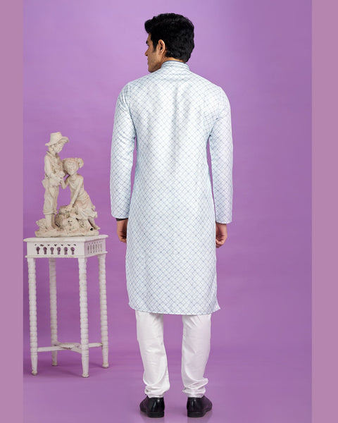 Blue Cotton Digital Print Readymade Man Kurta Set With Off White Churidar