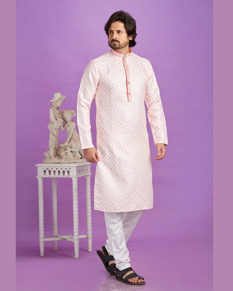 Pink Cotton Digital Print Readymade Man Kurta Set With Off White Churidar