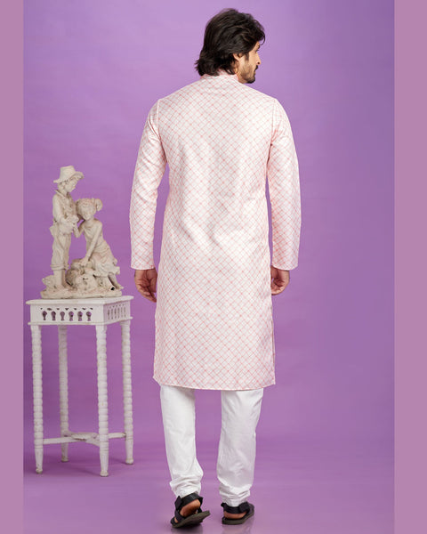 Pink Cotton Digital Print Readymade Man Kurta Set With Off White Churidar