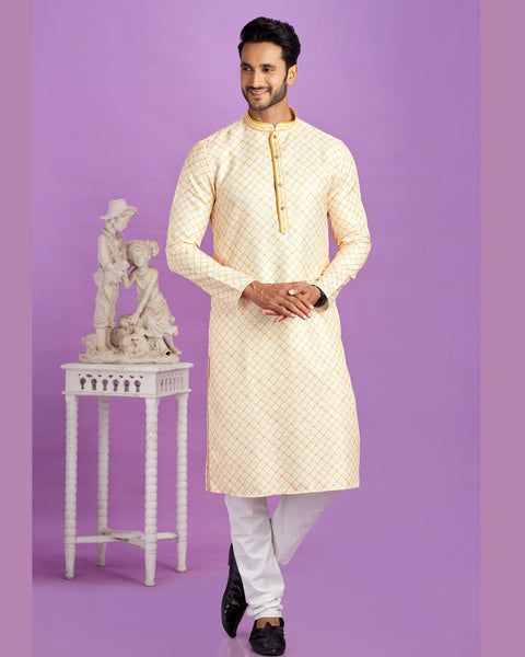 Yellow Cotton Digital Print Readymade Man Kurta Set With Off White Churidar