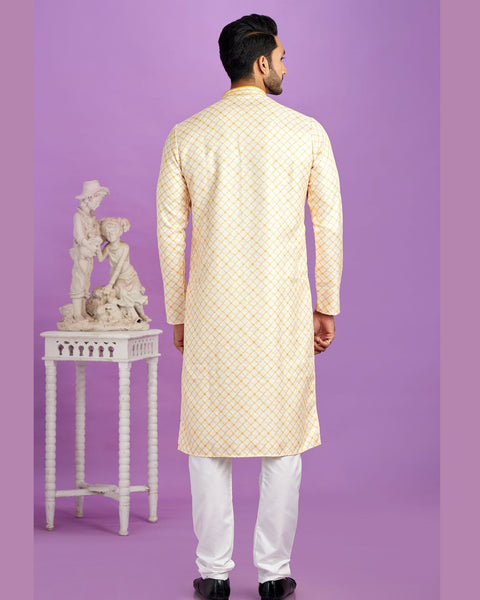 Yellow Cotton Digital Print Readymade Man Kurta Set With Off White Churidar