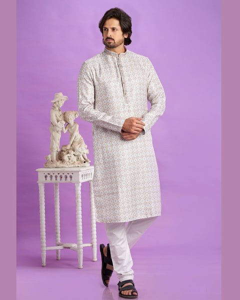 Brown Cotton Digital Print Readymade Man Kurta Set With Off White Churidar