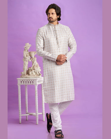 Brown Cotton Digital Print Readymade Man Kurta Set With Off White Churidar