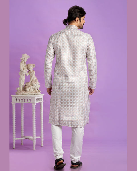 Brown Cotton Digital Print Readymade Man Kurta Set With Off White Churidar