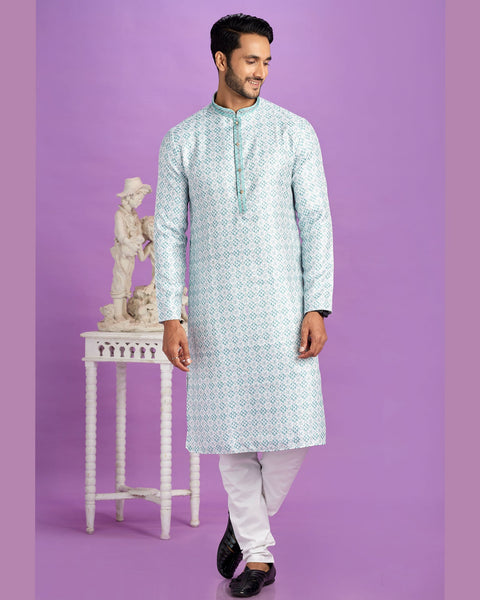 Teal Green Cotton Digital Print Readymade Man Kurta Set With Off White Churidar