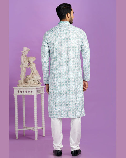 Teal Green Cotton Digital Print Readymade Man Kurta Set With Off White Churidar
