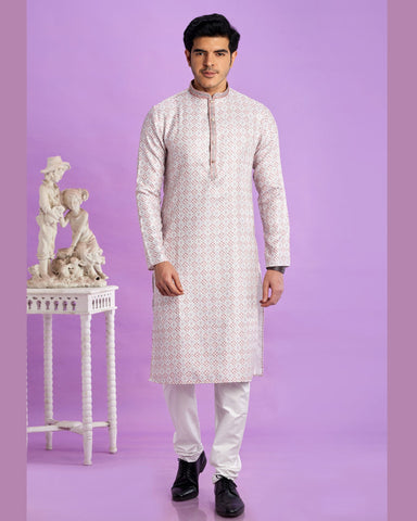 Cream Cotton Digital Print Readymade Man Kurta Set With Off White Churidar