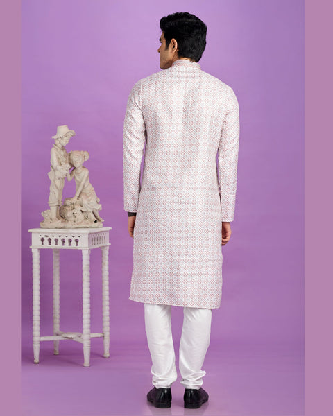 Cream Cotton Digital Print Readymade Man Kurta Set With Off White Churidar