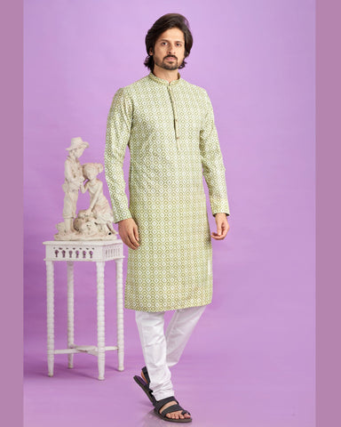 Green Cotton Digital Print Readymade Man Kurta Set With Off White Churidar