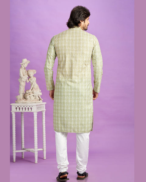 Green Cotton Digital Print Readymade Man Kurta Set With Off White Churidar