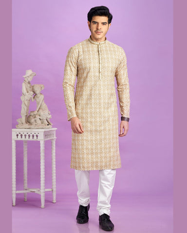 Brown Cotton Digital Print Readymade Man Kurta Set With Off White Churidar
