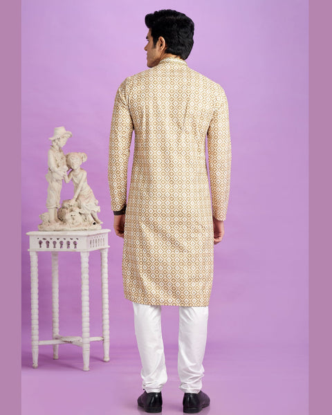 Brown Cotton Digital Print Readymade Man Kurta Set With Off White Churidar