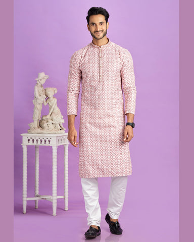 Pink Cotton Digital Print Readymade Man Kurta Set With Off White Churidar