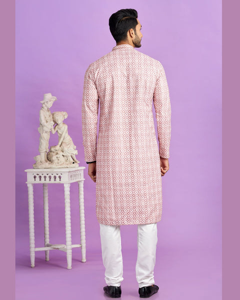 Pink Cotton Digital Print Readymade Man Kurta Set With Off White Churidar