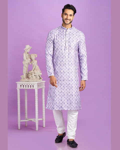 Purple Cotton Digital Print Readymade Man Kurta Set With Off White Churidar
