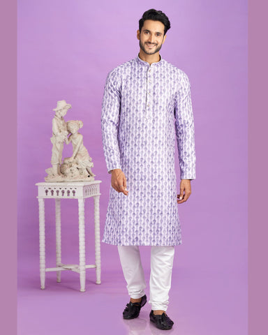 Purple Cotton Digital Print Readymade Man Kurta Set With Off White Churidar