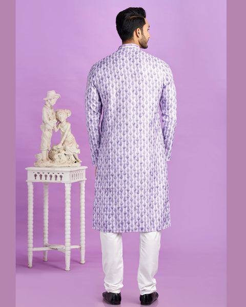 Purple Cotton Digital Print Readymade Man Kurta Set With Off White Churidar