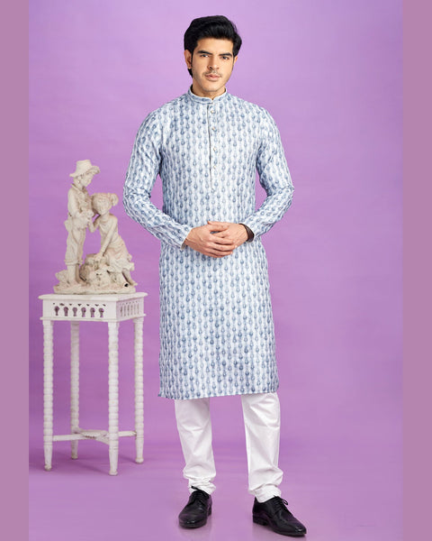 Blue Cotton Digital Print Readymade Man Kurta Set With Off White Churidar