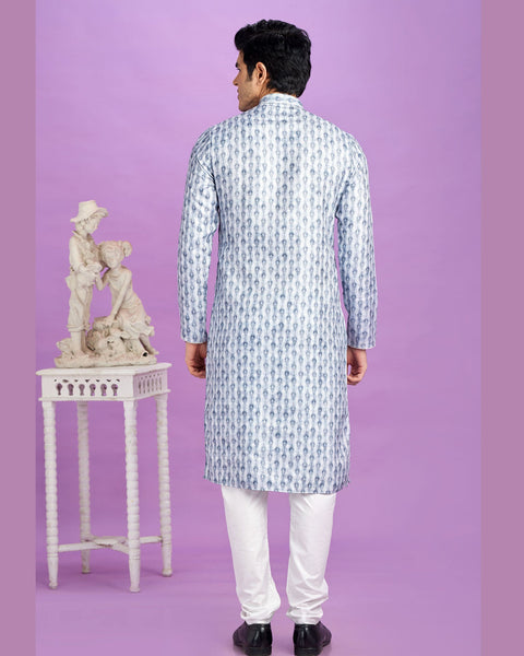 Blue Cotton Digital Print Readymade Man Kurta Set With Off White Churidar