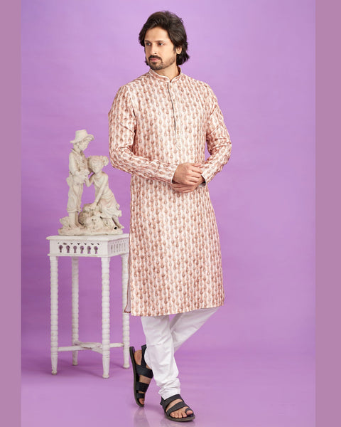 Brown Cotton Digital Print Readymade Man Kurta Set With Off White Churidar