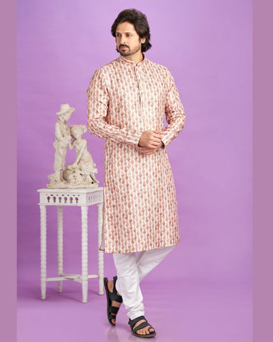 Brown Cotton Digital Print Readymade Man Kurta Set With Off White Churidar