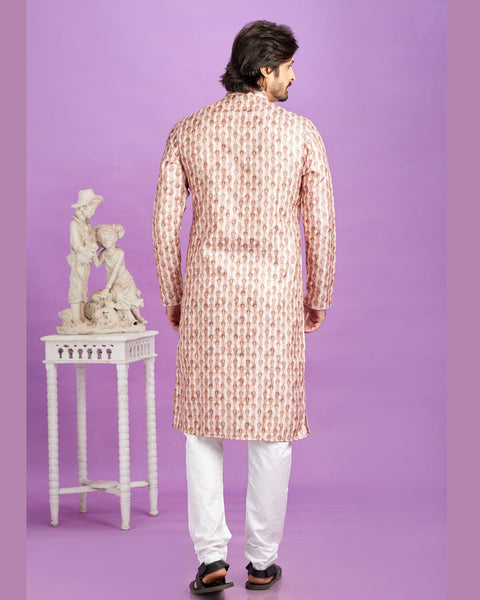 Brown Cotton Digital Print Readymade Man Kurta Set With Off White Churidar