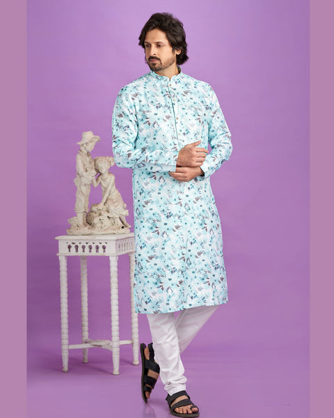 Blue Cotton Digital Print Readymade Man Kurta Set With Off White Churidar
