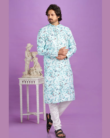 Blue Cotton Digital Print Readymade Man Kurta Set With Off White Churidar
