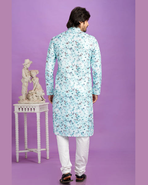 Blue Cotton Digital Print Readymade Man Kurta Set With Off White Churidar
