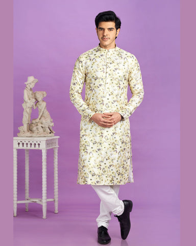 Yellow Cotton Digital Print Readymade Man Kurta Set With Off White Churidar