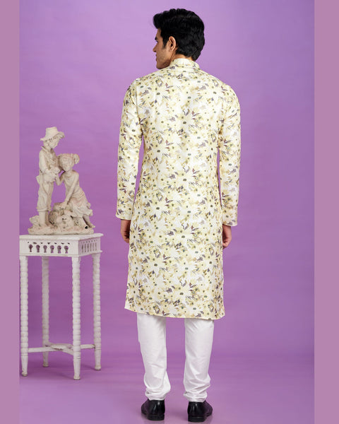 Yellow Cotton Digital Print Readymade Man Kurta Set With Off White Churidar