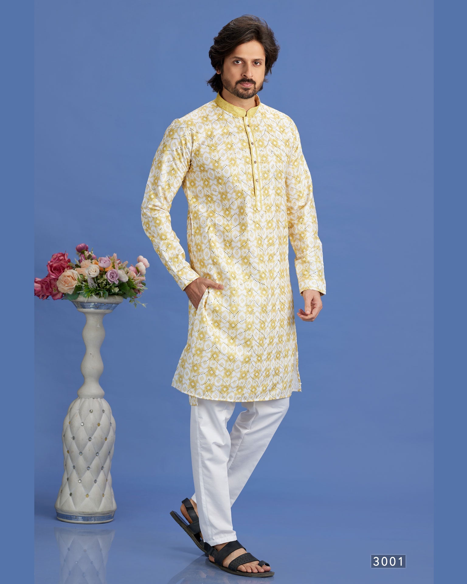 Yellow Embroidered Cotton Readymade Man Kurta Set