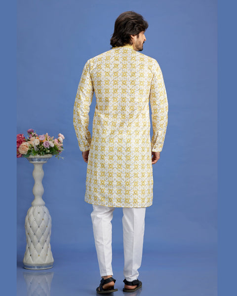 Yellow Embroidered Cotton Readymade Man Kurta Set