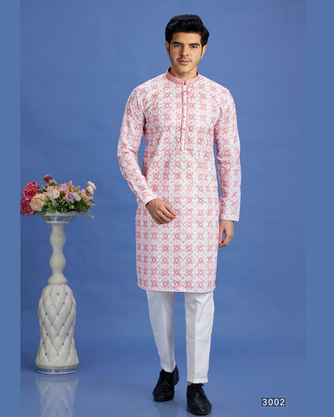 Pink Embroidered Cotton Readymade Man Kurta Set