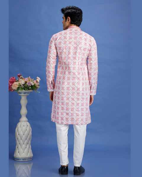 Pink Embroidered Cotton Readymade Man Kurta Set