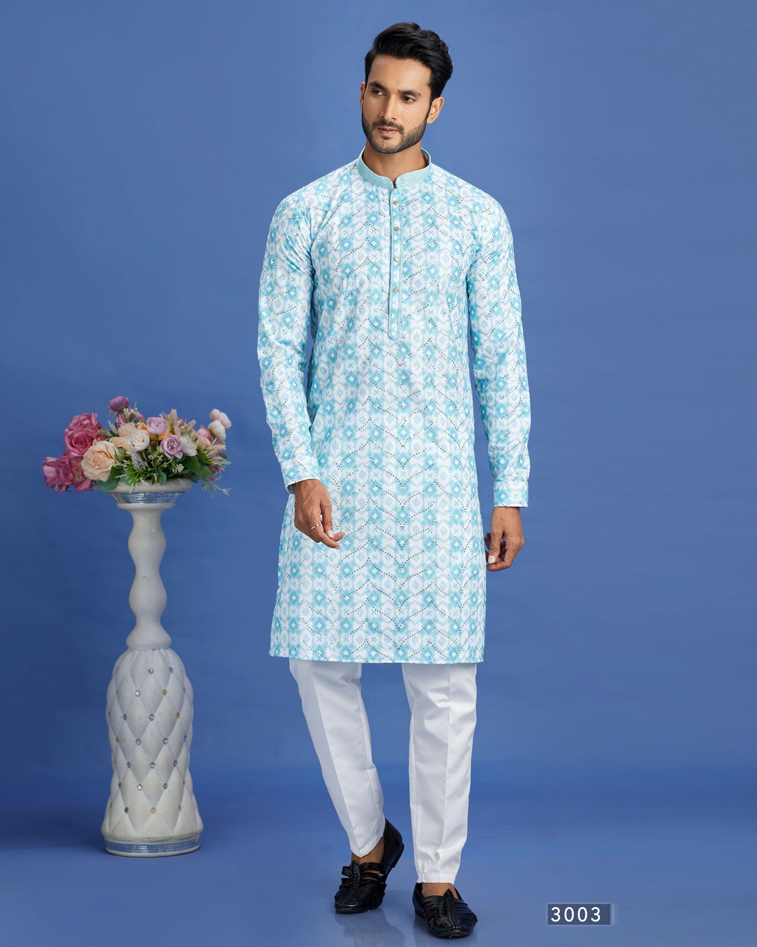 Blue Embroidered Cotton Readymade Man Kurta Set